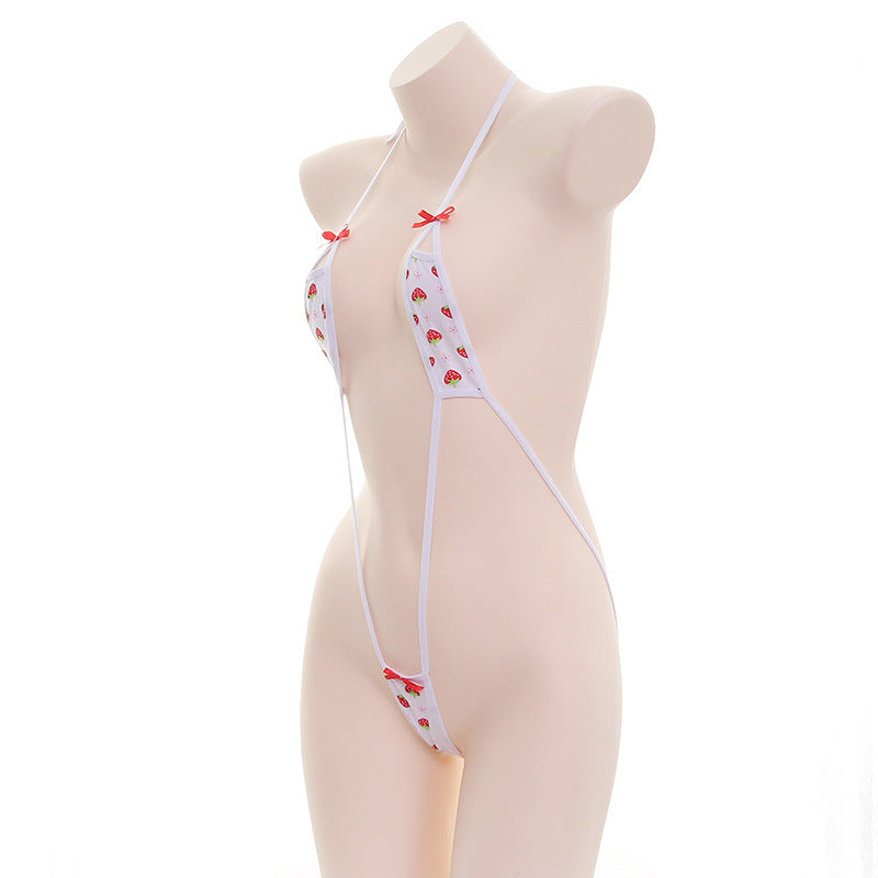 Sexy kawaii Lingerie Anime Strawberry Shimapan Bows Bikini Slingshot Set