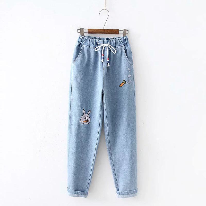 Japanese All-match college style radish letter embroidered denim pants