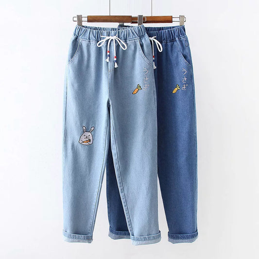 Pantalon en denim brodé de lettre de radis de style collège japonais All-match