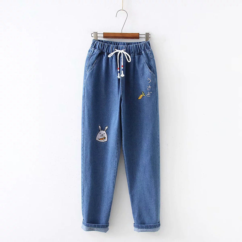 Pantalon en denim brodé de lettre de radis de style collège japonais All-match