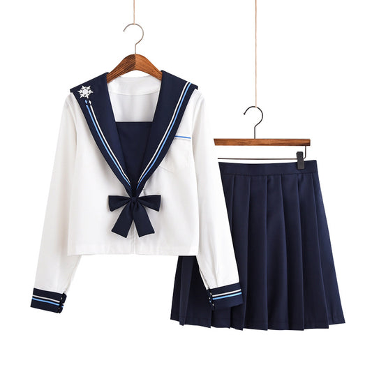 Weicher Schwester-JK-Uniform-Anzug im Marineblau-Wind-Matrosen-College-Stil mit Schneeflockenstickerei 