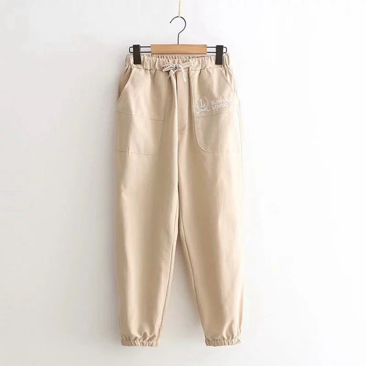 Korean all-match college wind elastic waist letter embroidery trousers