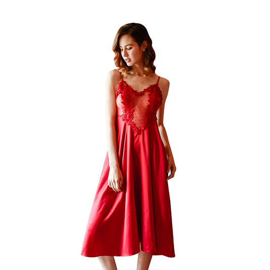 Rose Cross-Country Simulation Silk Pajamas Long Sexy Straps Nightdress Summer Large Size