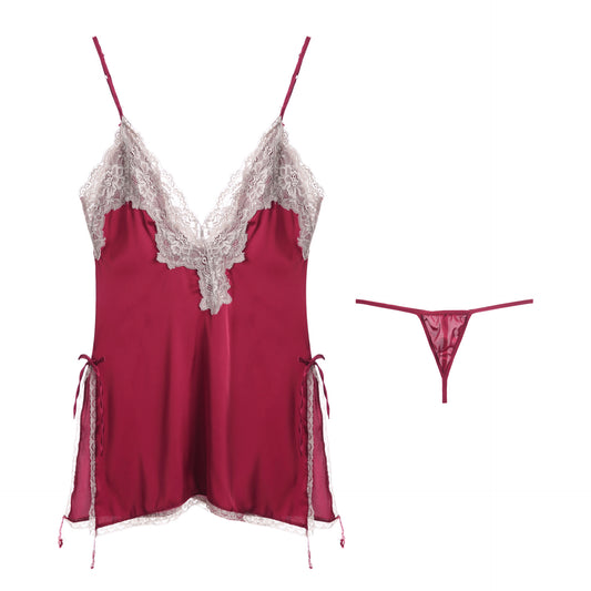 Sexy Pajamas Lace Embroidery Deep V Open Back Temptation Sling Big Size Nightdress