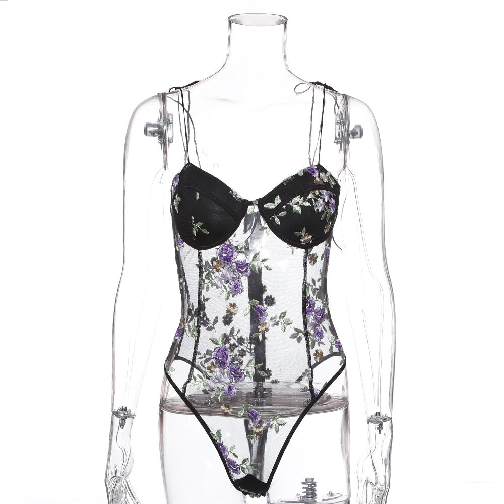 Black Romantic Floral Lacy See Thru Emroidered Sheer Bodysuit