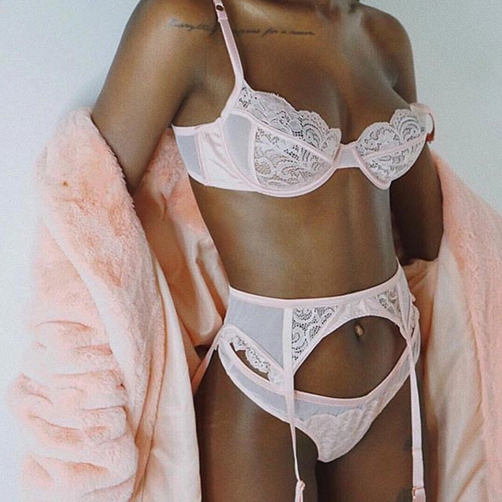 Pink Angel's Sexy Lace Sheer Mesh Lingerie Set - Pink
