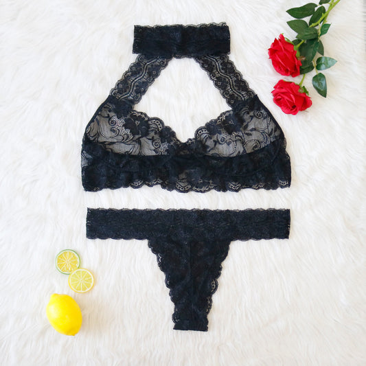 Plus Size Sexy lace deep V hollow hanging neck sexy suit underwear