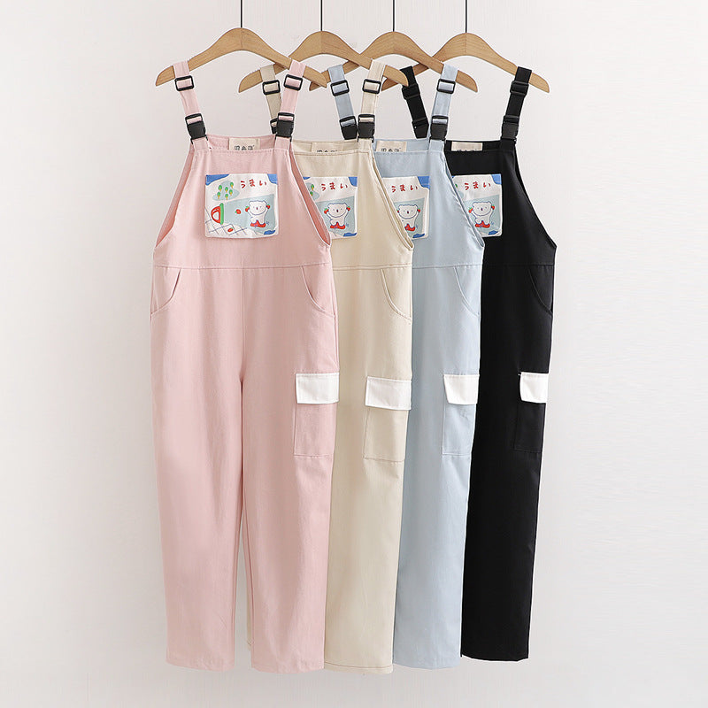 Japanese casual all-match loose college style letter bear overalls
