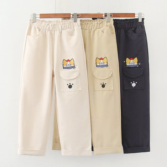 Japanese  Korean  Korean style all-match casual college style cartoon tooling straight trousers