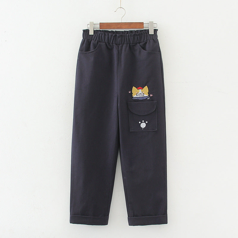 Japanese  Korean  Korean style all-match casual college style cartoon tooling straight trousers