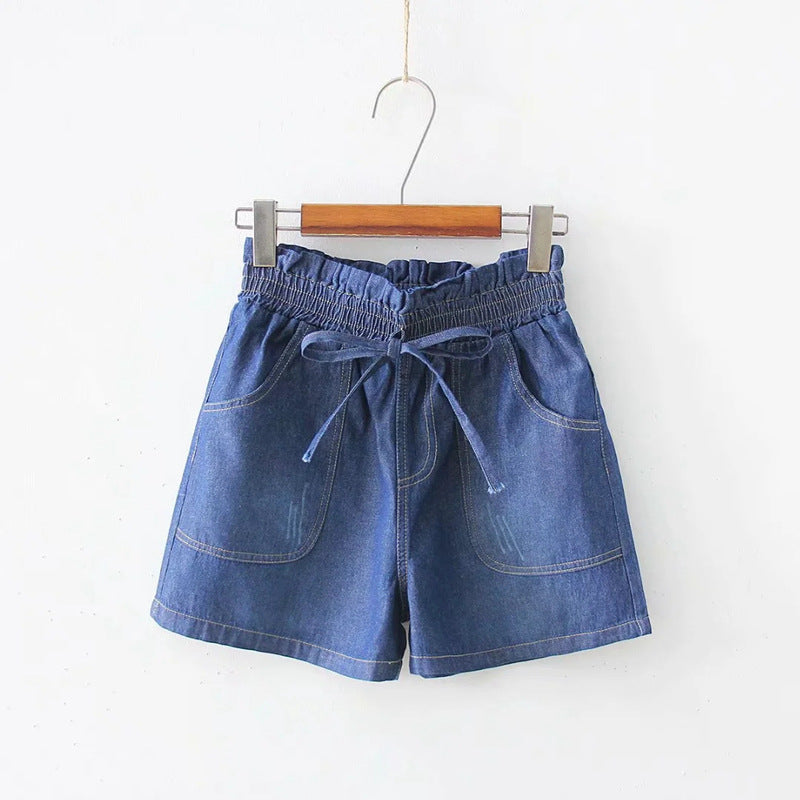 Japanese  Korean  All-match denim shorts with large pockets and elastic waist