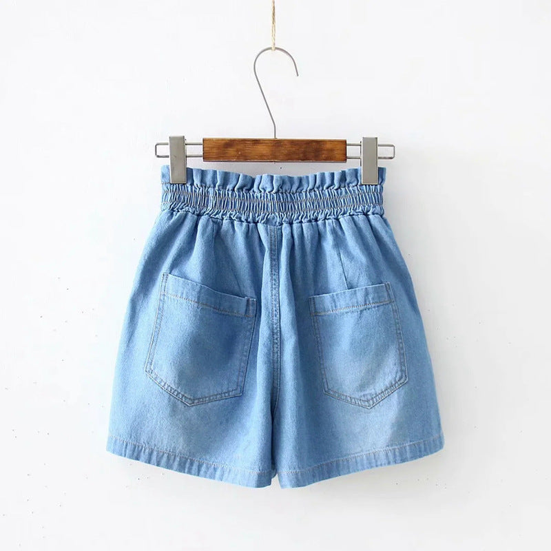 Japanese  Korean  All-match denim shorts with large pockets and elastic waist