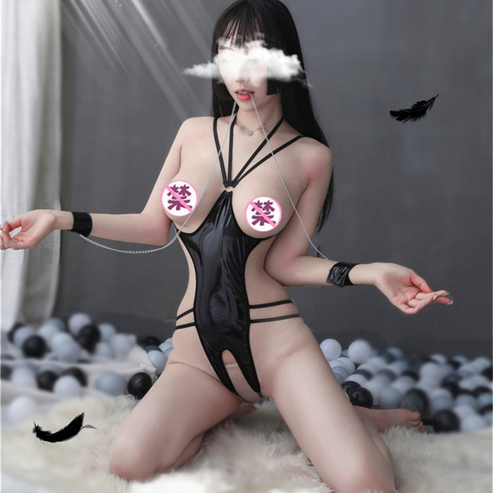 Black Lace Up Seductive Bondage Fishnet Bodysuit Stocking Set