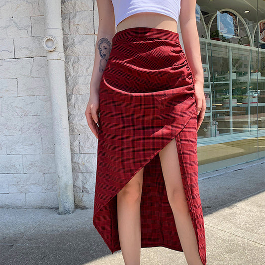 Kawaii irregular mid-length red plaid skirt
