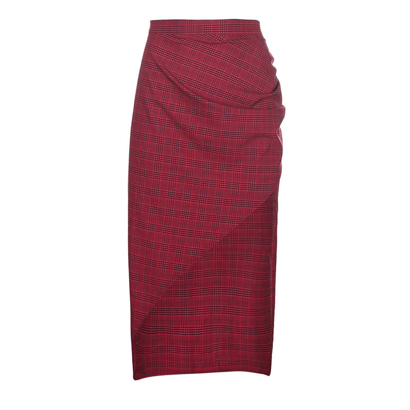 Kawaii irregular mid-length red plaid skirt