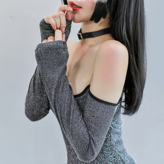 Sofyee  Black Silver Silk Shiny Strapless Hip Skirt Suit