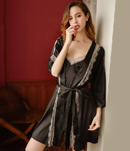 Eyelash Lace New Simulation Silk Sexy Pajamas Long-Sleeved Casual Nightgown