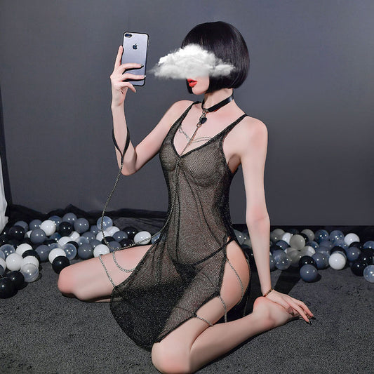 Sexy Net Yarn Perspective Slit Suspender Nightdress