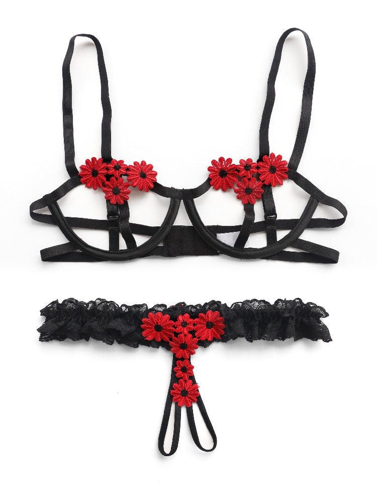 Flower Open Front Cupless Crotchless Bra Set