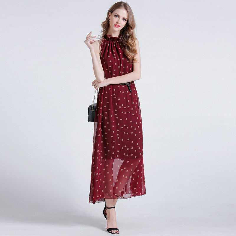 Love Coin Dot Ruffle Neck Belted Maxi Dress - sofyee