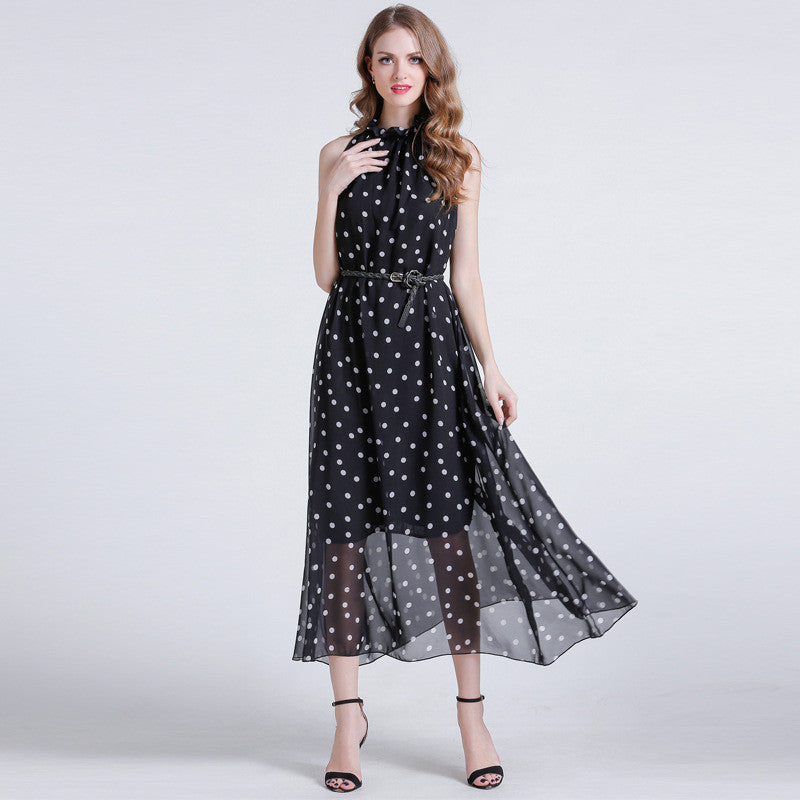 Love Coin Dot Ruffle Neck Belted Maxi Dress - sofyee