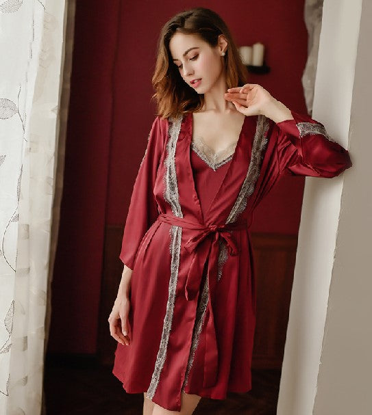 Eyelash Lace New Simulation Silk Sexy Pajamas Long-Sleeved Casual Nightgown