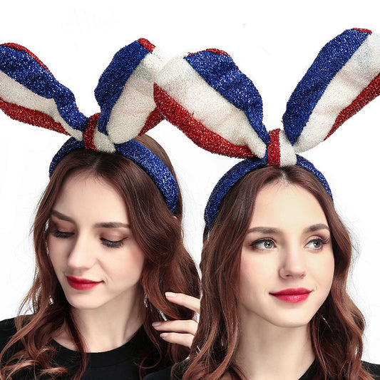 Kawaii blue, white and red long bunny ears shiny silk headband hair accessory