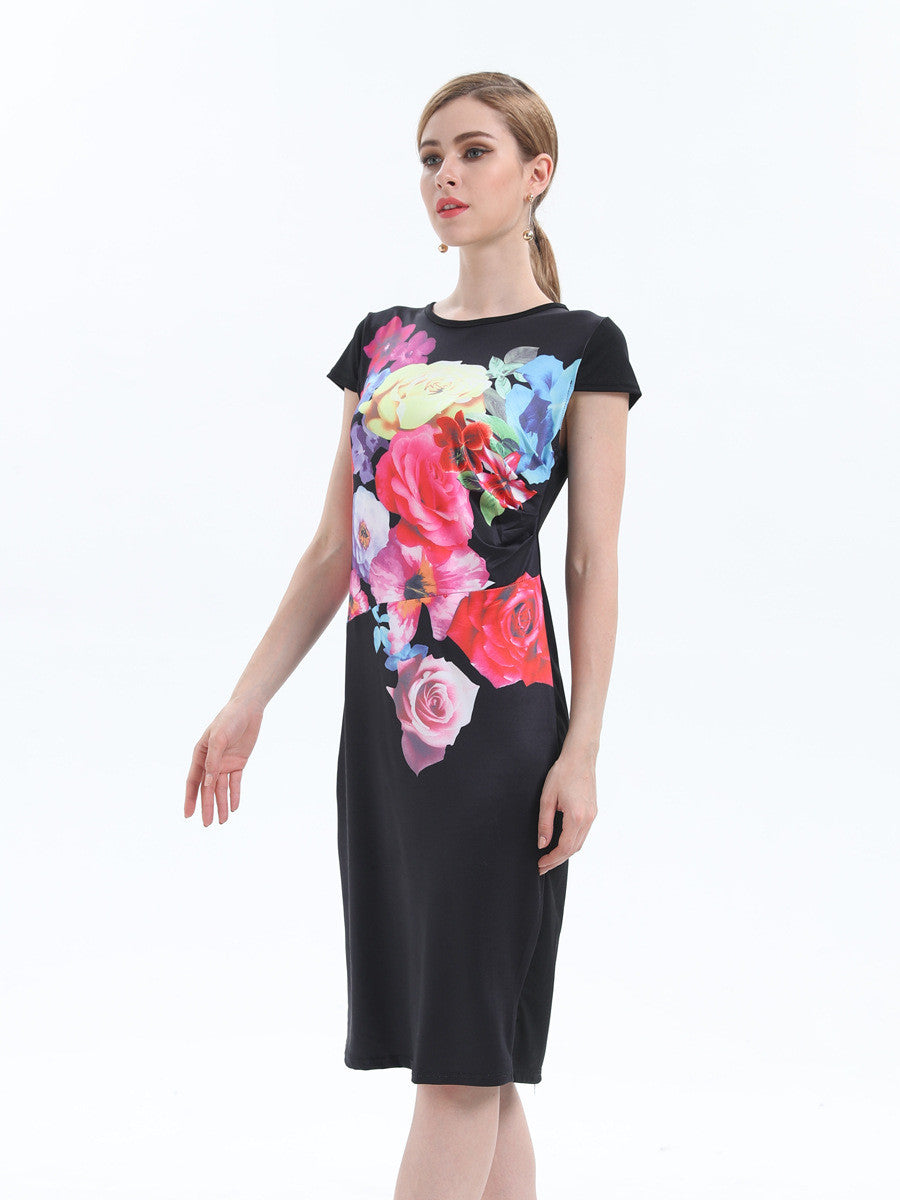 Street Fashion Rose Floral Printed T-Shirt Dress - sofyee
