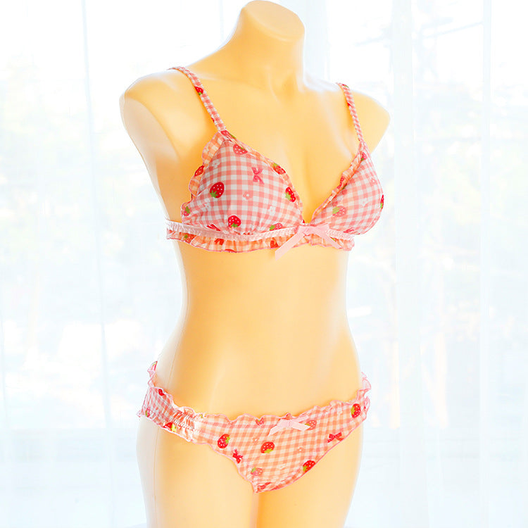 J Fashion Grid Strawberry Girly Lolita Cute Kawaii Lingerie Set