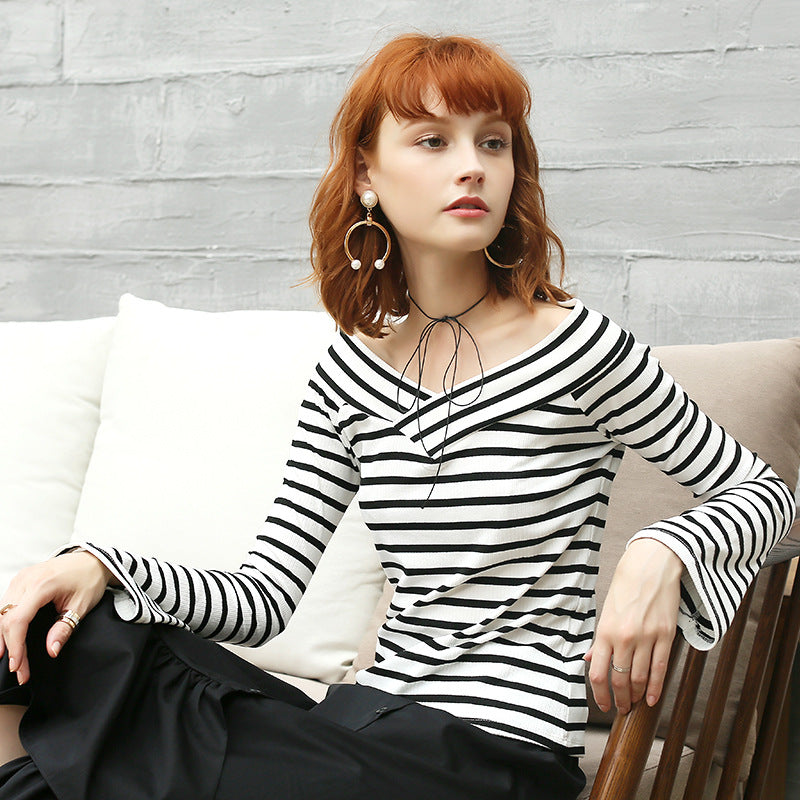 Bell Sleeves Striped Fine-Knit Top
