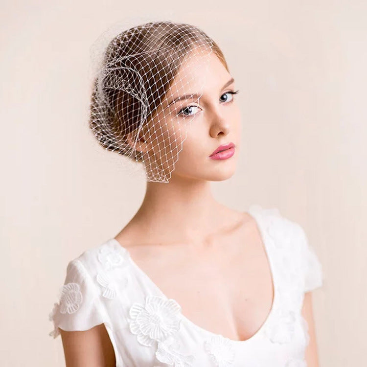 Style mariée blanc grand oeil maille cheveux accessoires mariage photo scène performance voile coiffure fard à joues oiseau Cage Vei