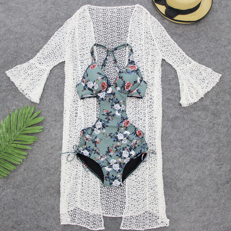 Summer Leaves  Side Cut Out Honey Cute One Piece Cover Up Swimsuit Set