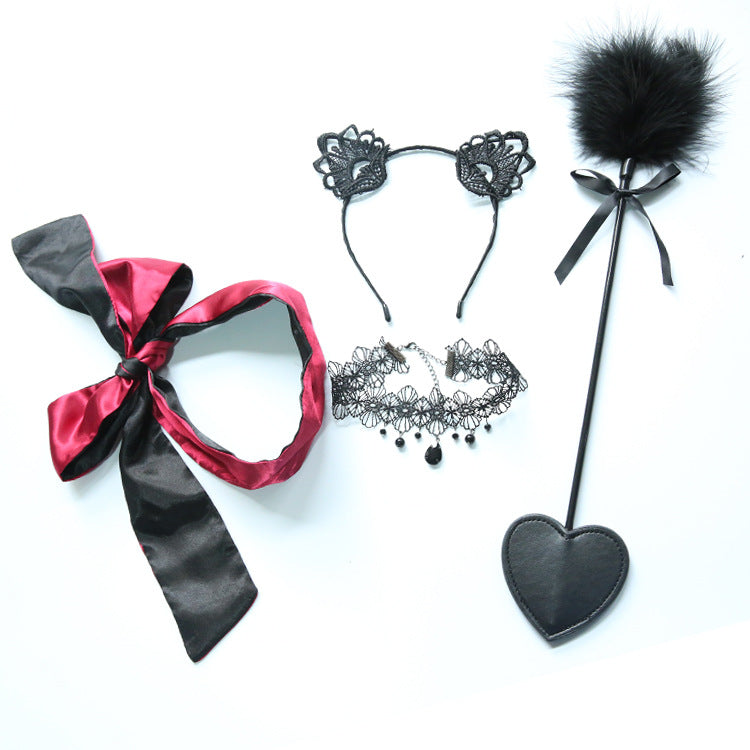 Flirting Feather Stick Satin Eye Mask Crystal Necklace Black Cat Ears Four-Piece Set