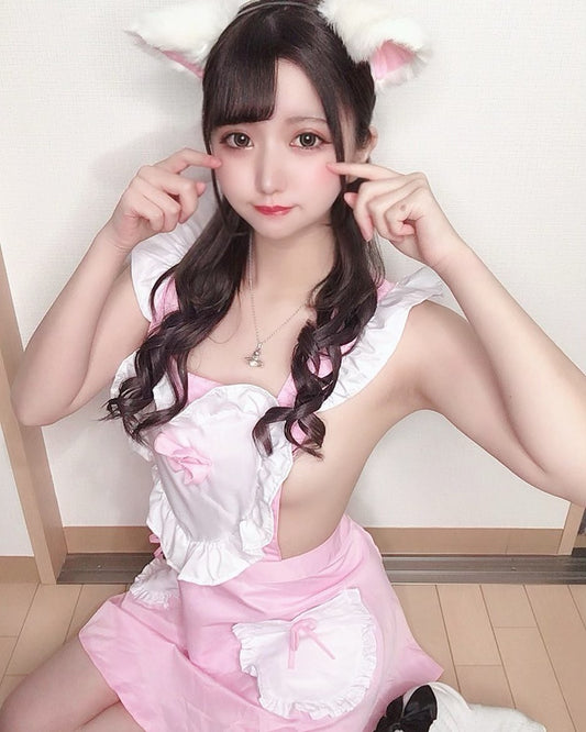 Kawaii Japanese Girl Big Heart Ruffle Pink Maid Dress