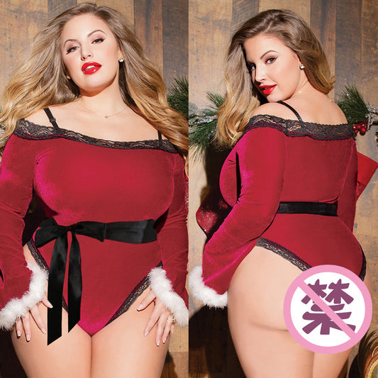 Plus Size Sexy Christmas word shoulder long sleeve jumpsuit plus size sexy lingerie