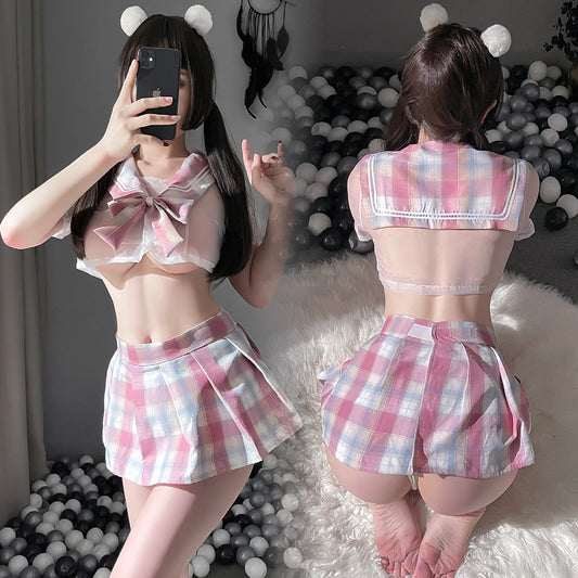 Rosafarbenes japanisches sexy Schulmädchen-Dessous-Kostüm-Set 