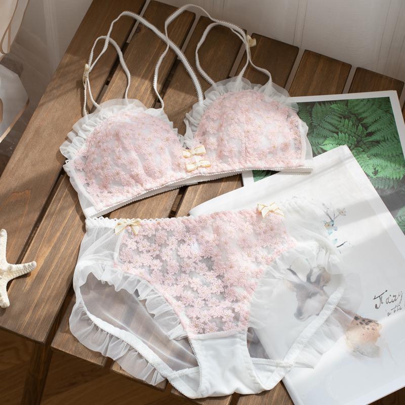 Japanese soft girl underwear cherry blossom girl fairy no steel ring bra set