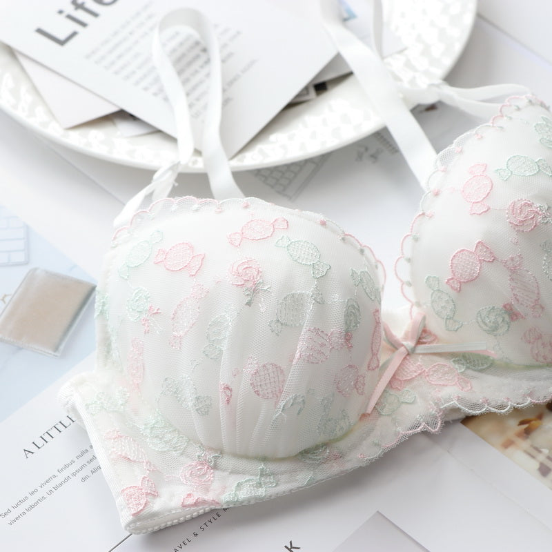 Tumblr Aesthetic Japanese Lace Girly Dot Flower Sweetie Heart Bra Set
