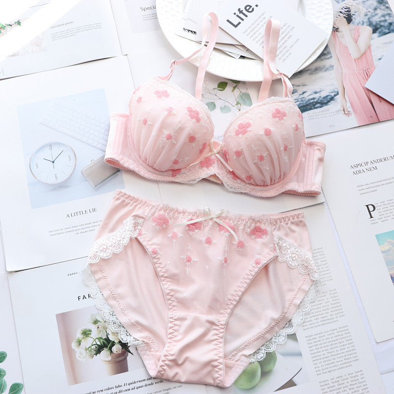 Tumblr Aesthetic Japanese Lace Girly Dot Flower Sweetie Heart Bra Set