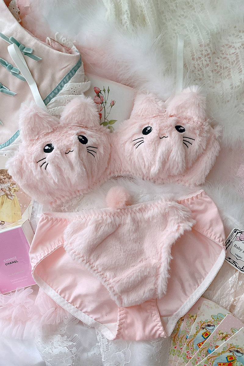 Japanese Cute Pink Plush Cat Embroidery No Steel Ring Bra Set – Sofyee