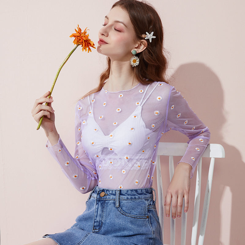 Aesthetic Japanese daisy transparent t-shirt with mesh bottoming shirt