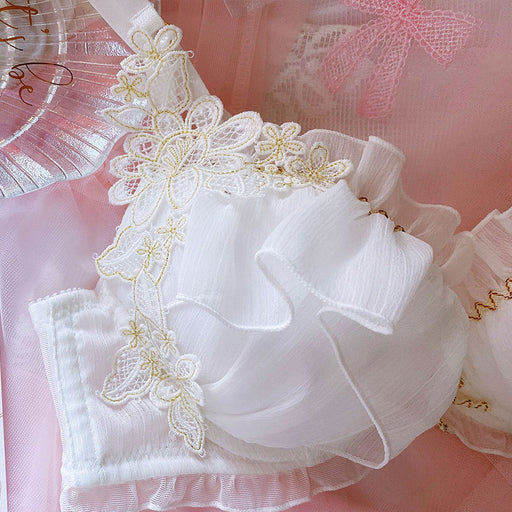 Japanese girly golden silk flower lace thin white underwire bra set