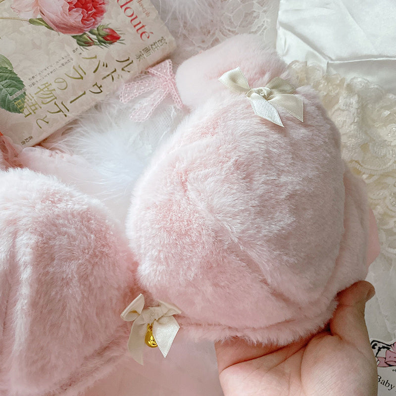 Sofyee Japanese Cute Pink Plush Rabbit Ears Underwire Plus Size Bra Set