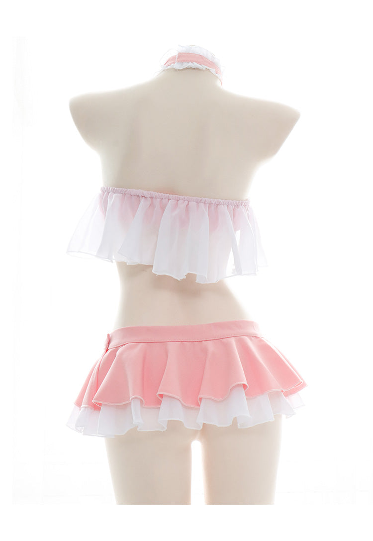 Ruffle Pink Anime Kawaii Japanese Choker Apron Maid Bikini Set