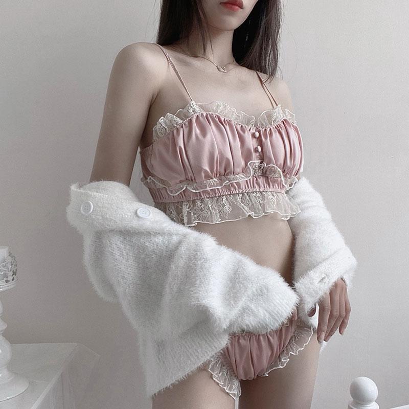 Japanese girl retro palace style flower lace sexy no steel ring bra set