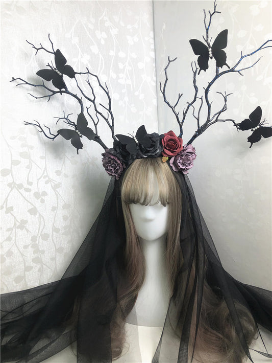 Sofyee Gothic Anime Fair Retro Blume Schmetterling Zweig Geweih Haarband