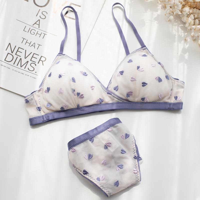 Embroidered love double-spinning translucent sexy ultra-thin soft cup bra set without steel ring
