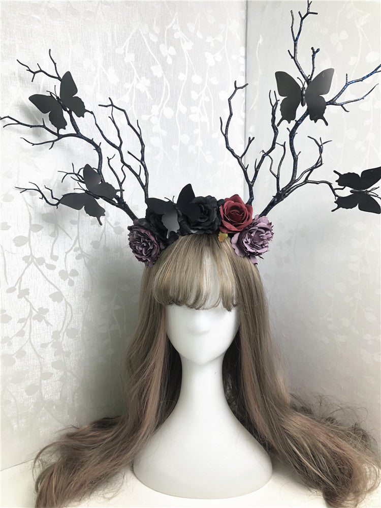 Sofyee Gothic Anime Fair Retro Blume Schmetterling Zweig Geweih Haarband