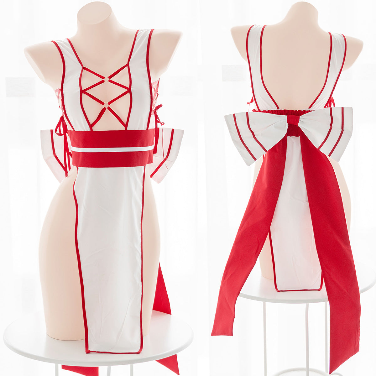 Sofyee  Sexy High-Slit Red And White Yanying One-Piece Hollow Cheongsam