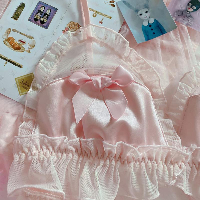 Sexy bow pink bra set